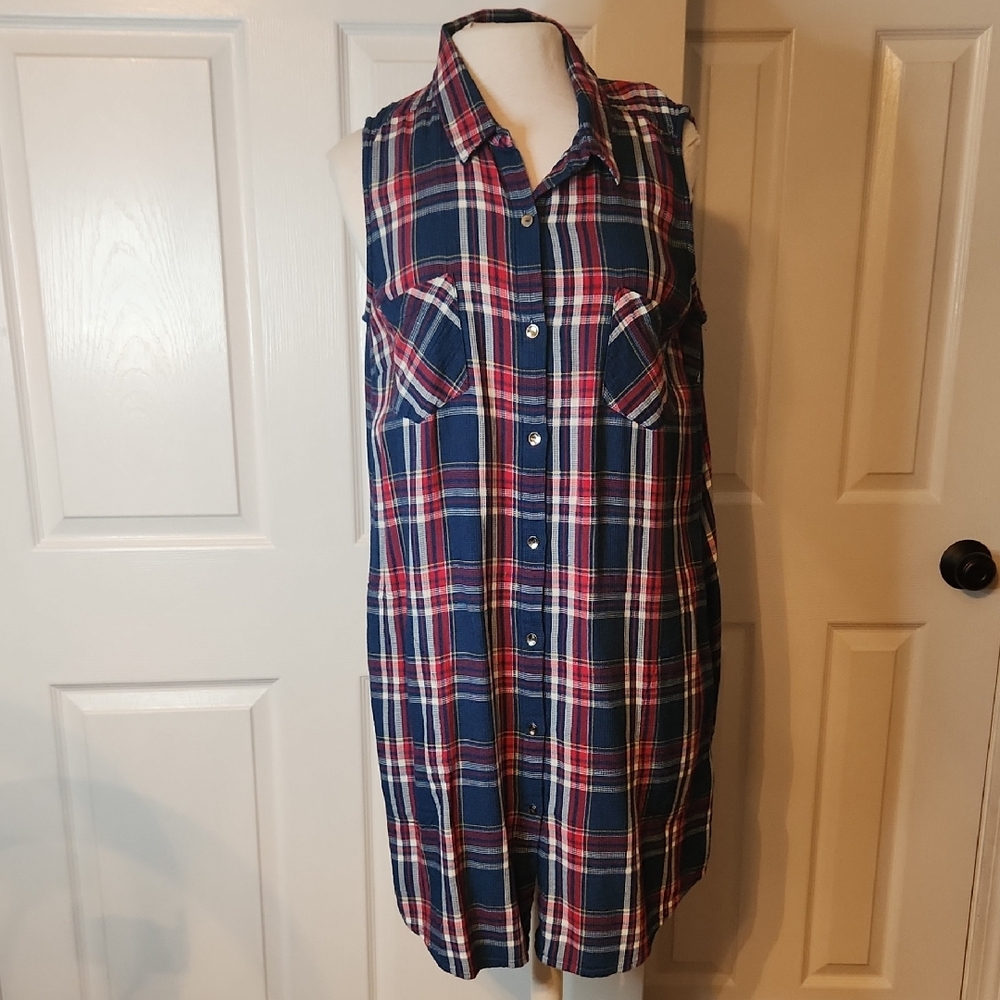 Tommy Hilfiger Navy and Red Plaid Sleeveless Button Front Dress